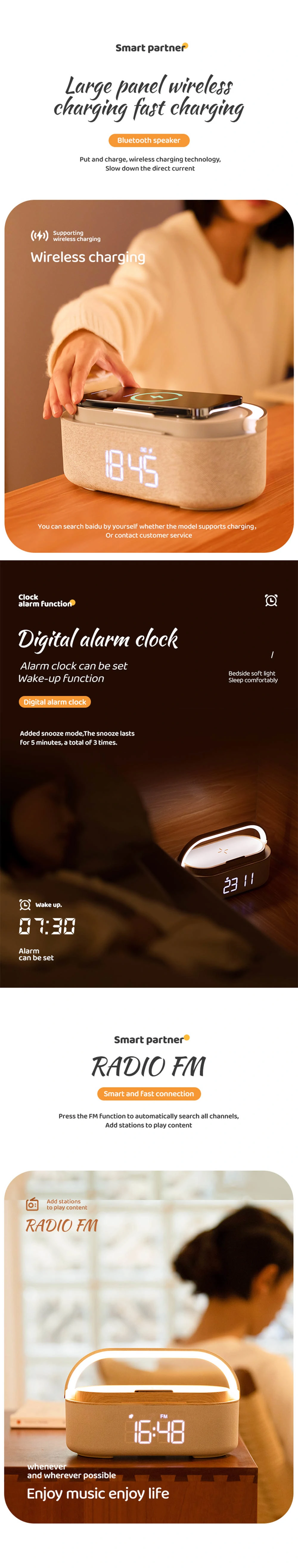 Rt-S29 Clock Alarm Wireless Charging Lamp Home LED Bluetooth Speaker